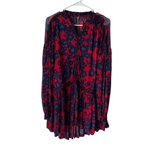 Free People Red Navy Floral Lace Trim Mini Dress Tunic OB1005817 XS